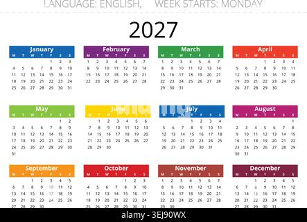 Moderner englischer Vektorkalender 2027 in hellen Farben mit klarem Monatslayout und montagsbeginn Stock Vektor