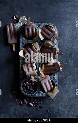 Eisriegel aus reiner Schokolade auf Holzstäben, gestylt in einem Vintage-Muffin-Tablett, fotografiert von oben auf einem dunklen stimmungsvollen Hintergrund Stockfoto