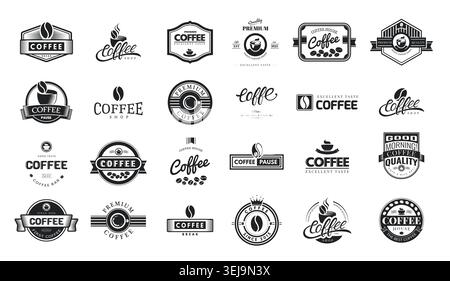 Setzen Sie das Logo oder das Schild für das Café. Symbol oder Etikett des Kaffeebohnengeschäfts. Vektorkreis im Vintage-Design. Stock Vektor