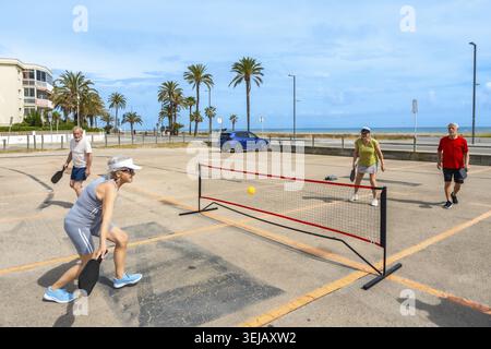 Eine Gruppe verschiedener älterer Freunde, die aktiv an einem Spiel mit Pickleball im Freien teilnahmen, genießen einen aktiven Lebensstil an einem sonnigen Tag mit Palmen und Oce Stockfoto