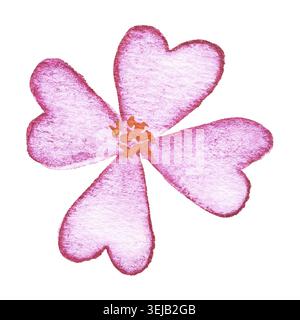 Aquarellherz Blütenblatt Blume Illustration in Rosa mit roter Mitte auf weißem Hintergrund Stockfoto