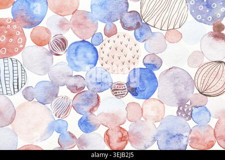Abstrakte Aquarellkreise in Rot und Blau mit handgezeichneten Mustern Stockfoto