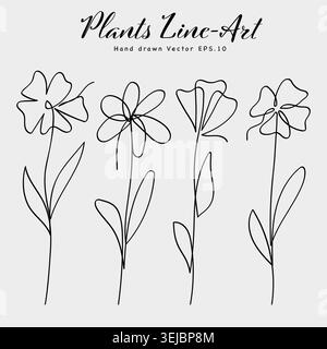 Minimale einzeilige Blumenkollektion mit abstrakten botanischen und durchgehenden Strichzeichnungselementen. Stock Vektor