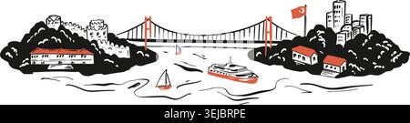 Istanbul Bosporus Brücke Hand gezeichnet Buntstift Skizze Vektor Illustration. Türkische Wahrzeichen-Silhouette-Doodle-Zeichnung. Stadtlandschaftspalette Istanbul. T Stock Vektor