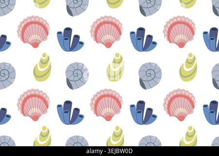 Niedliche Muscheln und Seeschwamm nahtlose Muster-Vektor-Illustration Stock Vektor