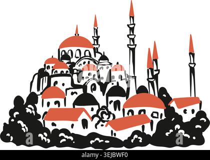 Istanbul Sultanahmet Moschee. Hand gezeichnete Skizze Buntstift Kritzelvektor Illustration. Türkei historische touristische Wahrzeichen Silhouette Zeichnung. Türkisch anc Stock Vektor