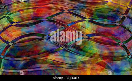 Vibrierender mehrfarbiger Glasgitterhintergrund mit gewellter geometrischer Textur des Regenbogens Stockfoto