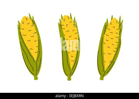 Maiskolben, 3er-Set. Flache Stil Vektor-Illustration für Bauernmarkt Grafiken, Erntezeit, landwirtschaftliche Verpackung, Kochblogs Stock Vektor