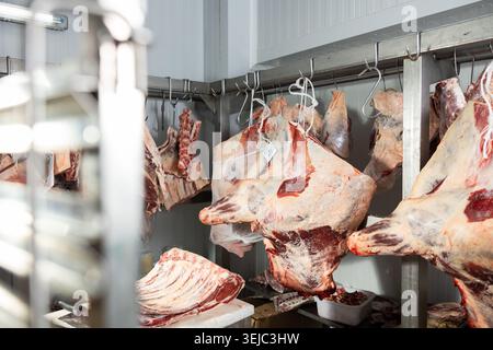 Rohes Rindfleisch hängt im Kühlfach der Metzgerei Stockfoto