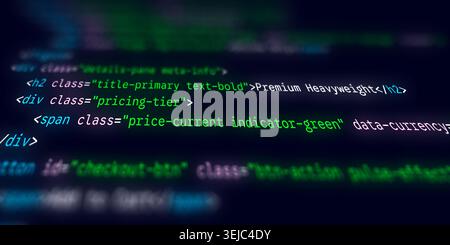 Beleuchtete Code-Syntax, die die Preisstufen für den E-Commerce und eine Checkout-Schaltfläche auf einem dunklen, unscharfen Hintergrund anzeigt Stockfoto