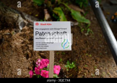 Köln, Deutschland 28. Mai 2026: Ein Schild, das eine bürgergeführte Patenschaft in einem Blumenbeet in Köln Ehrenfeld symbolisiert Stockfoto