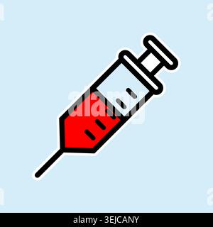 Flache Vektorspritze Symbol mit roter Flüssigkeit auf hellblauem Hintergrund, medizinische Illustration Aufkleber Stock Vektor