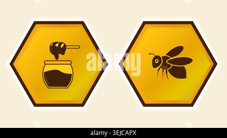 Honigwabensechseckige Symbole mit Biene und Honigglas, flache Vektorillustration auf gelbem Hintergrund Stock Vektor