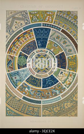Historische Illustration von Renaissance-Töpferentwürfen aus Marlborough House mit komplexen kreisförmigen Motiven, floralen Scrollarbeiten, geometrischen Grenzen und dekorativen europäischen Mustern. Veröffentlicht 1856 in London von Day & Son. Stockfoto