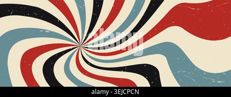 Sonnenstrahlen im Vintage-Stil. Psychedelische Spirale und Burst. Grooviger Retro-Hintergrund. 70er Jahre Sommer Vektor Illustration Stock Vektor