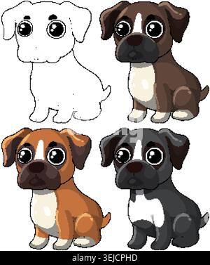 Vier Zeichentrickboxer-Welpen in verschiedenen Farben, darunter eine schwarz-weiße Strichkunst-Version Stock Vektor