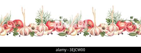 Aquarelltomaten mit Knoblauchzwiebeln, Nelken, Dill, Lorbeerblättern und schwarzen Pfefferkörnern. Handgezogenes Gemüse und Kräuter zum Kochen Stockfoto