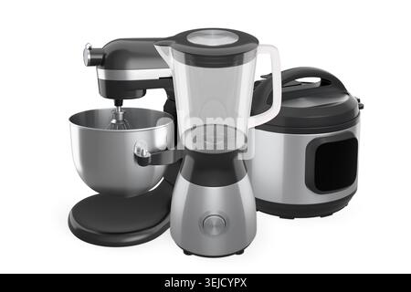 Moderne Küchengeräte einschließlich Mixer, Standmixer und Multi-Herd isoliert auf weißem Hintergrund für Kochkonzept. Stockfoto