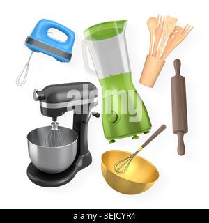 Küchengeräte und -Utensilien einschließlich Standmixer, Mixer und Holzwerkzeuge, isoliert auf weißem Hintergrund, Konzept der Backwerkzeuge Stockfoto