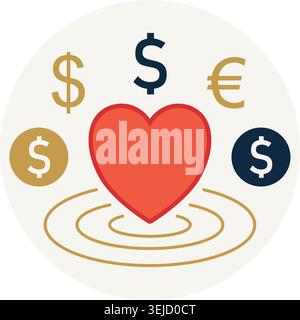 Dollar- und Euro-Geldsymbole mit Herzlinien-Symbol, das globale Spendenbeschaffung und Finanzierung von Spenden für Wohltätigkeitsorganisationen darstellt. Stock Vektor