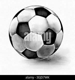 Aquarellgrafik eines Fußballballs mit klassischem Sechseck-Muster in kräftigen Schwarz-weiß-Farben. Stockfoto
