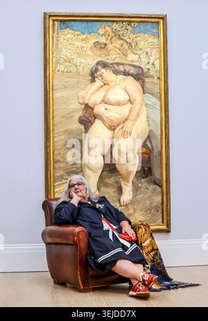 Sothebys London, Großbritannien. Mai 2026. Embargoed bis 11 Uhr BST 29 MAI 2026 eines der größten Porträts des 20. Jahrhunderts von Lucian Freud Sleeping by the Lion Carpet (Est. 25-35 Millionen Pfund) - enthüllt im Sotheby's in London in Anwesenheit seiner berühmten Sitterin Sue Tilley. Auktion im Rahmen des Sothebys Modern and Contemporary Art Sale Credit: Paul Quezada-Neiman/Alamy Live News Stockfoto