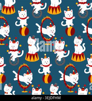 Nahtloses Vektor-Muster mit niedlichen Zirkuskatzen in einem kindlichen flachen Stil. Festival Textur mit verspielten Kätzchen, die Akrobaten für Tapeten spielen, Fabri Stock Vektor