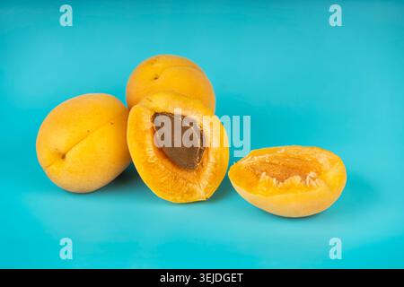 Reife Aprikosen mit Grube isoliert auf blauem Hintergrund Stockfoto