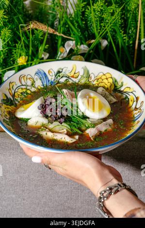 Frau, die eine Schüssel mit traditioneller Sommersuppe hält Stockfoto
