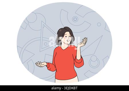 Lächelnde Geschäftsfrau, umgeben von verschiedenen geometrischen Figuren und Formen. Weibliche Mitarbeiter arbeiten mit abstrakten Daten und Diagrammen. Informationsanalyse-Kon Stockfoto