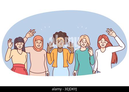 Lächelnde, multirassische Frauen, die sich die Hände winken Stockfoto