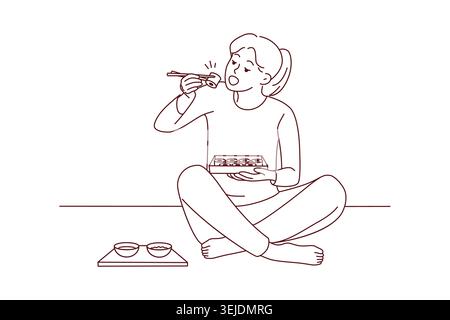 Eine Frau sitzt auf dem Boden und isst Sushi Stockfoto
