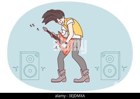 Schaukelspiel mit E-Gitarre auf der Bühne Stockfoto
