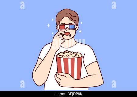 Ein Mann in 3D Gläsern isst Popcorn Stockfoto