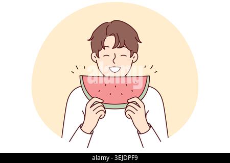 Lächelnder Mann, der Wassermelone isst Stockfoto