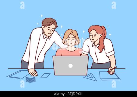 Fröhliche Kollegen sammeln Brainstorming am Computer Stockfoto