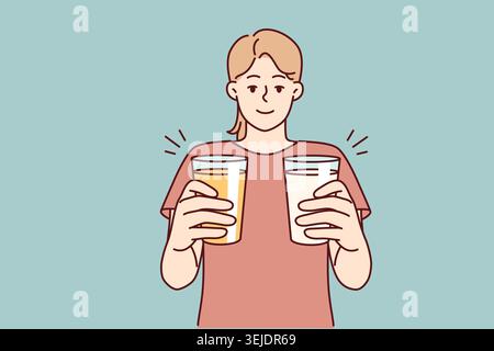 Eine Frau mit zwei Gläsern, gefüllt mit Cocktails, möchte Sie verwöhnen und bietet Ihnen einen Drink an. Vektorbild Stockfoto