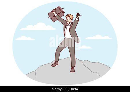 Selbstbewusster Geschäftsmann, der auf dem Berg steht und die Hände hoch hebt, Freude am Karriereerfolg. Vektorbild Stockfoto