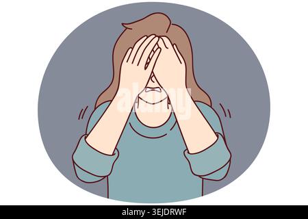 Eine depressive Frau bedeckt die Augen mit Händen, wenn sie weint oder etwas beängstigendes sieht. Vektorbild Stockfoto