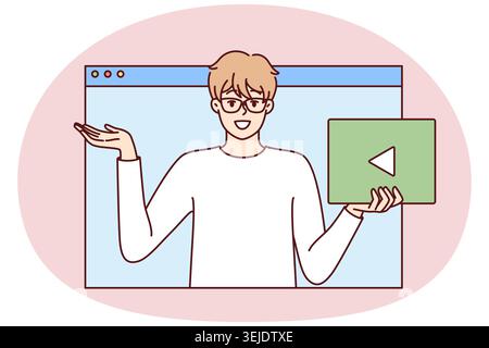 Ein junger Mann mit Brille und Spielknopf in der Hand schaut aus dem Webbrowser-Fenster Stockfoto