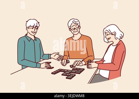 Ältere Menschen spielen Dominosteine in der Reha mit ehemaligen Kollegen Stockfoto
