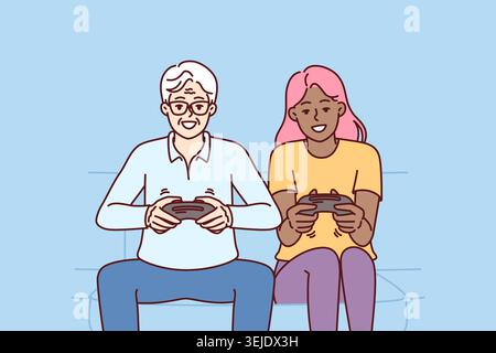 Verschiedene Männer und Frauen mit Joysticks sitzen auf dem Sofa und kämpfen gegen virtuelle Charaktere Stockfoto