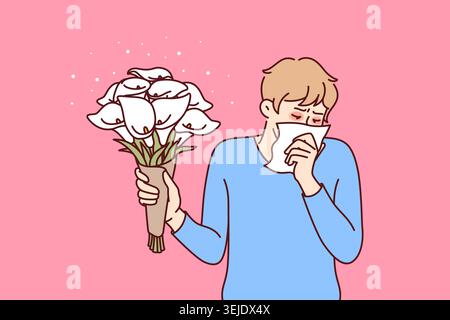 Allergischer Mann mit Blumenstrauß und Pollentuch Stockfoto