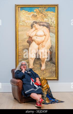 London, Großbritannien. Mai 2026. Lucian Freud, Sleeping by the Lion Carpet, 1995-96, Schätzung: £25,000,000-35.000,000, Bild mit Sue Tilley in Sothebys, London. Lucian Freud malte Sue Tilley zwischen 1993 und 1996 viermal. Ein monumentales Wahrzeichen-Gemälde eines legendären britischen Künstlers, der zum ersten Mal auf einer Auktion steht. Ab dem 10. Juni wird es im Rahmen von Sotheby's London Modern and Contemporary Sales in London ausgestellt. Guy Bell/Alamy Live News Stockfoto