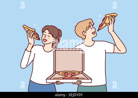 Mann und Frau essen Pizza mit einer Schachtel italienischer Snacks und stillen gemeinsam Hunger Stockfoto