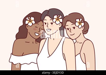 Verschiedene schöne Frauen mit Blumen im Haar sind in eleganten Kleidern für die Hochzeitszeremonie gekleidet Stockfoto