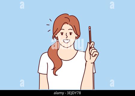 Happy Woman hat sich eine neue Idee ausgedacht und hält den Stift hoch, um Gedanken auszutauschen und das Thema zu diskutieren Stockfoto