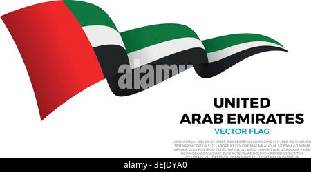 Flagge der Vereinigten Arabischen Emirate. Emirate und arabische Kultur. Vor einem sauberen weißen Hintergrund mit Ländername und Kopierraum. Ein leuchtendes Vektorflag r Stock Vektor