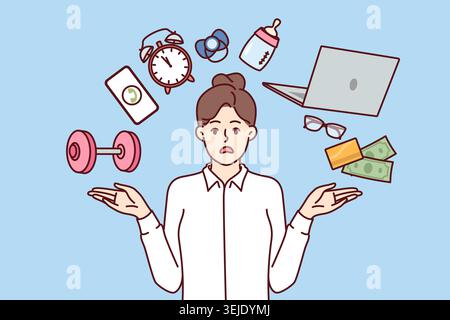 Geschäftsfrau fühlt sich gestresst, weil sie überfordert ist oder lange Zeit Multitasking erfordert Stockfoto