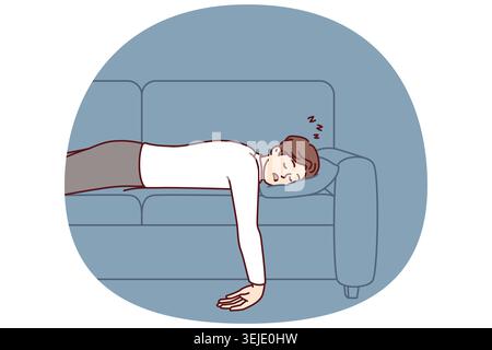 Ein erschöpfter Mann schlief nach einem harten Arbeitstag ohne Energie auf einem bequemen Sofa ein Stockfoto